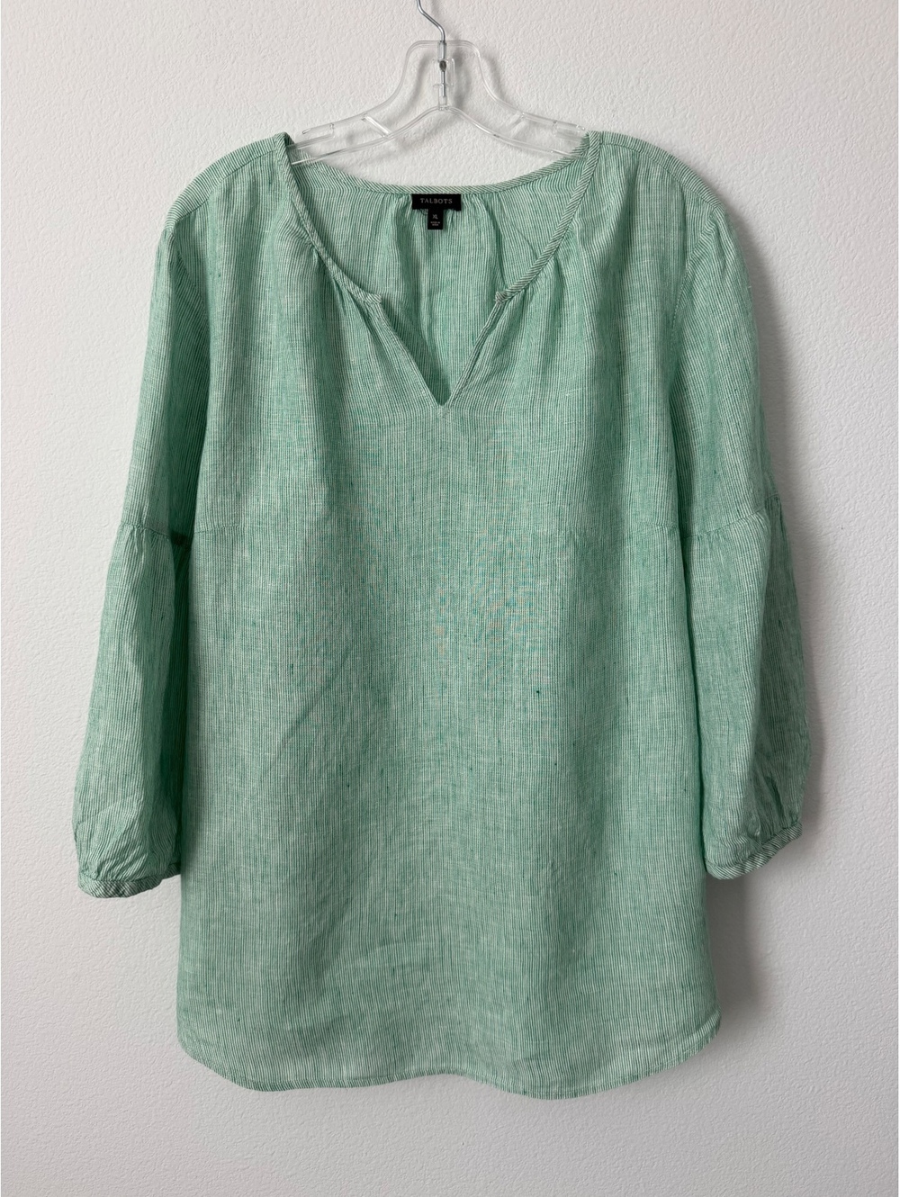 Talbots Green/White Striped V-Neck 3/4 Sleeve 100% Linen Blouse Women's Size XL